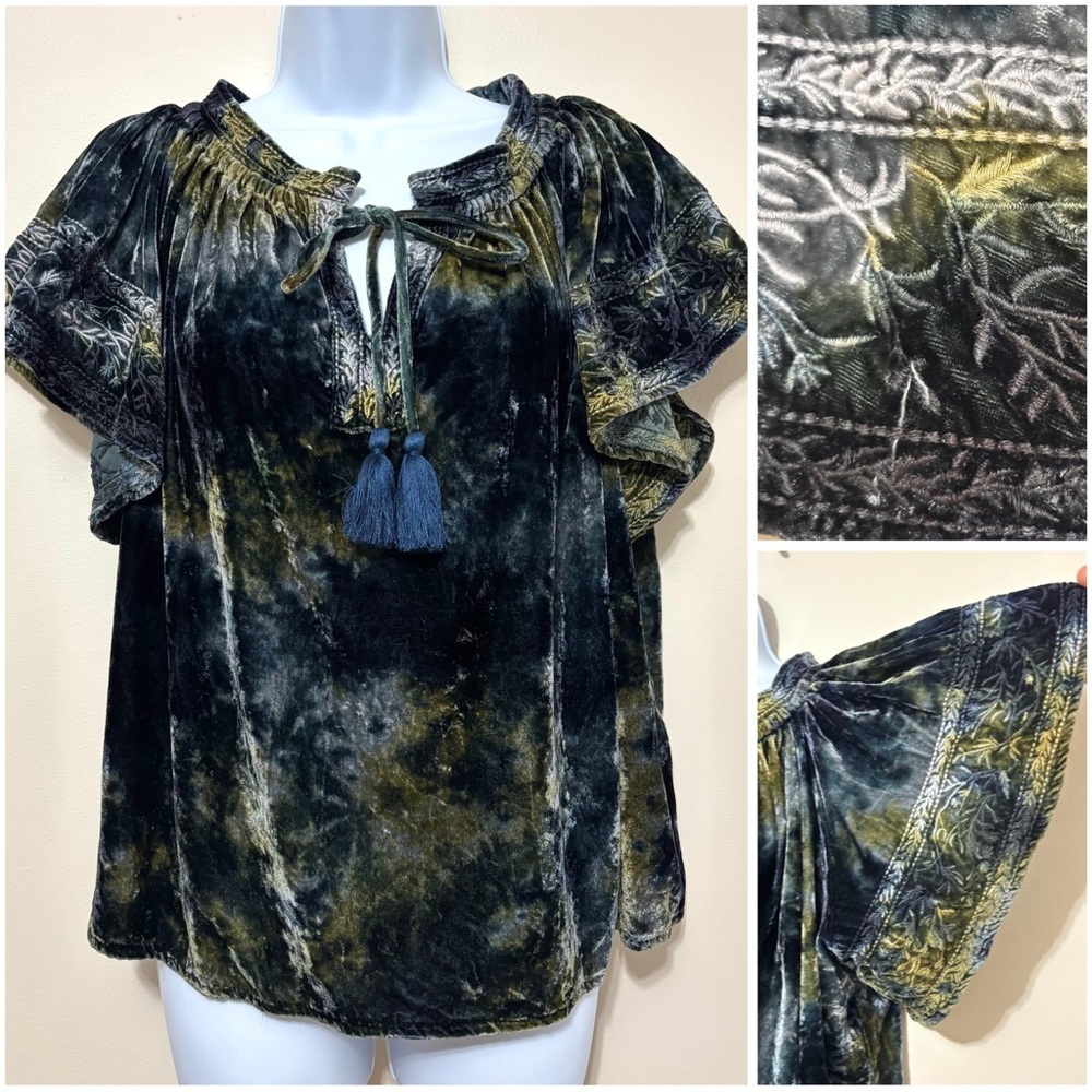 NWT Kyla Seo Blouse Crushed Velvet Green Sz S  Boho Embroidered Whimsigoth Fairy